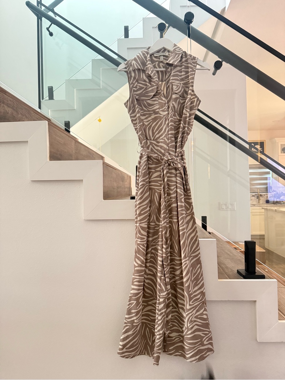 Sleeveless Zebra-Print Maxi Jumpsuit in Taupe/White